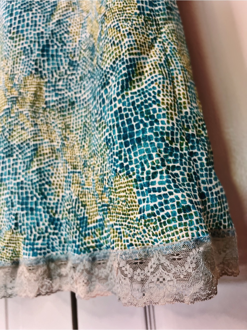 Vintage Y2K Mesh Print Midi Skirt Blue Green Lace Hem Fairycore Size L - Picture 2 of 7